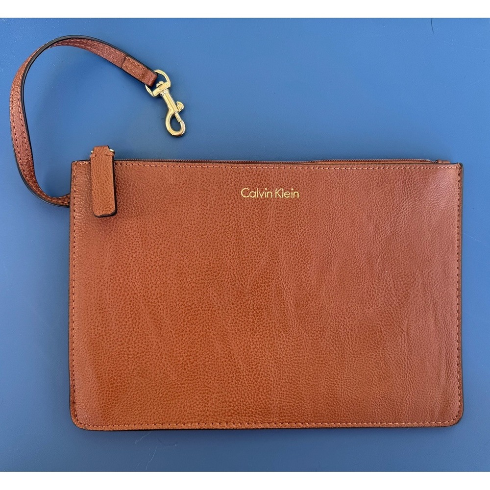 Calvin Klein Leather Wristlet‎ Small Clutch Bag Wallet Tan Neutral